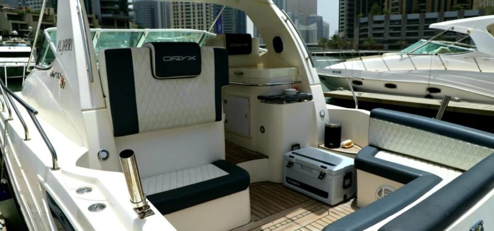 Back view of luxury yacht tour in Dubai Marina